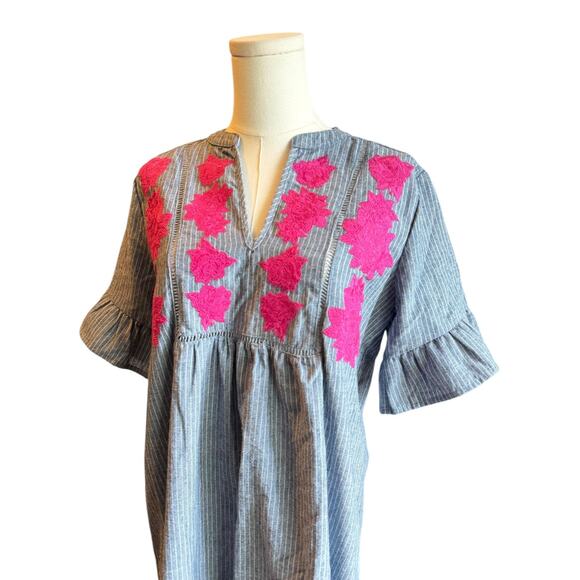 Entro Boho Dress Womens S Blue Stripe Embroidered Floral Ruffle Cotton Cottage - Picture 2 of 12